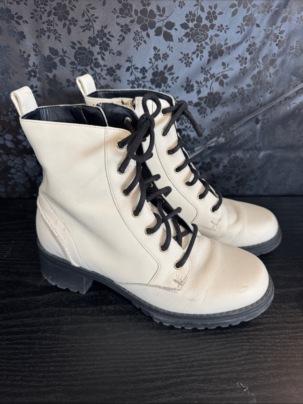 Cole Haan Cream Leather Combat Boots with Black Laces